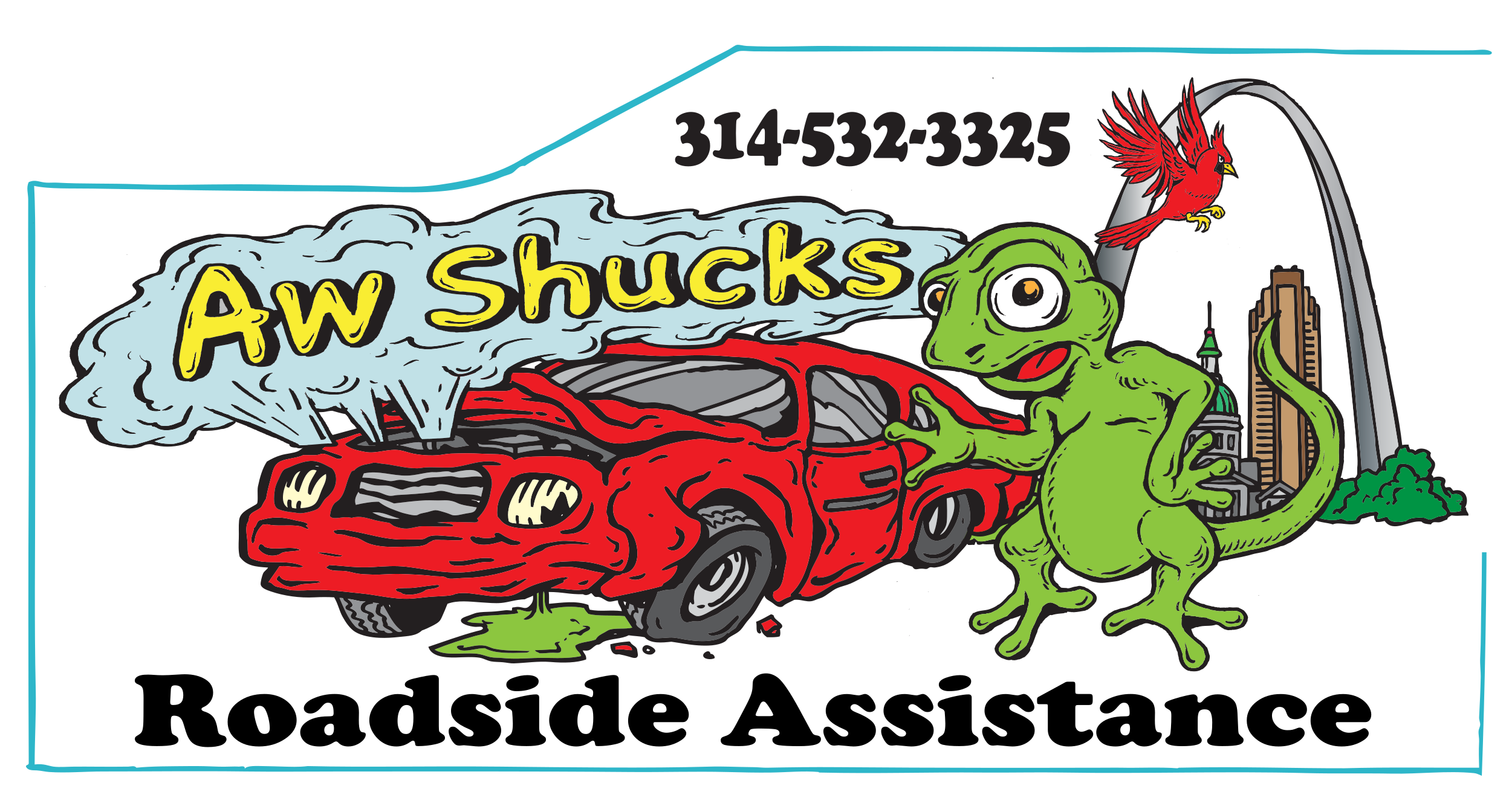 "Aw Shucks" Roadside Assistance cartoon banner with